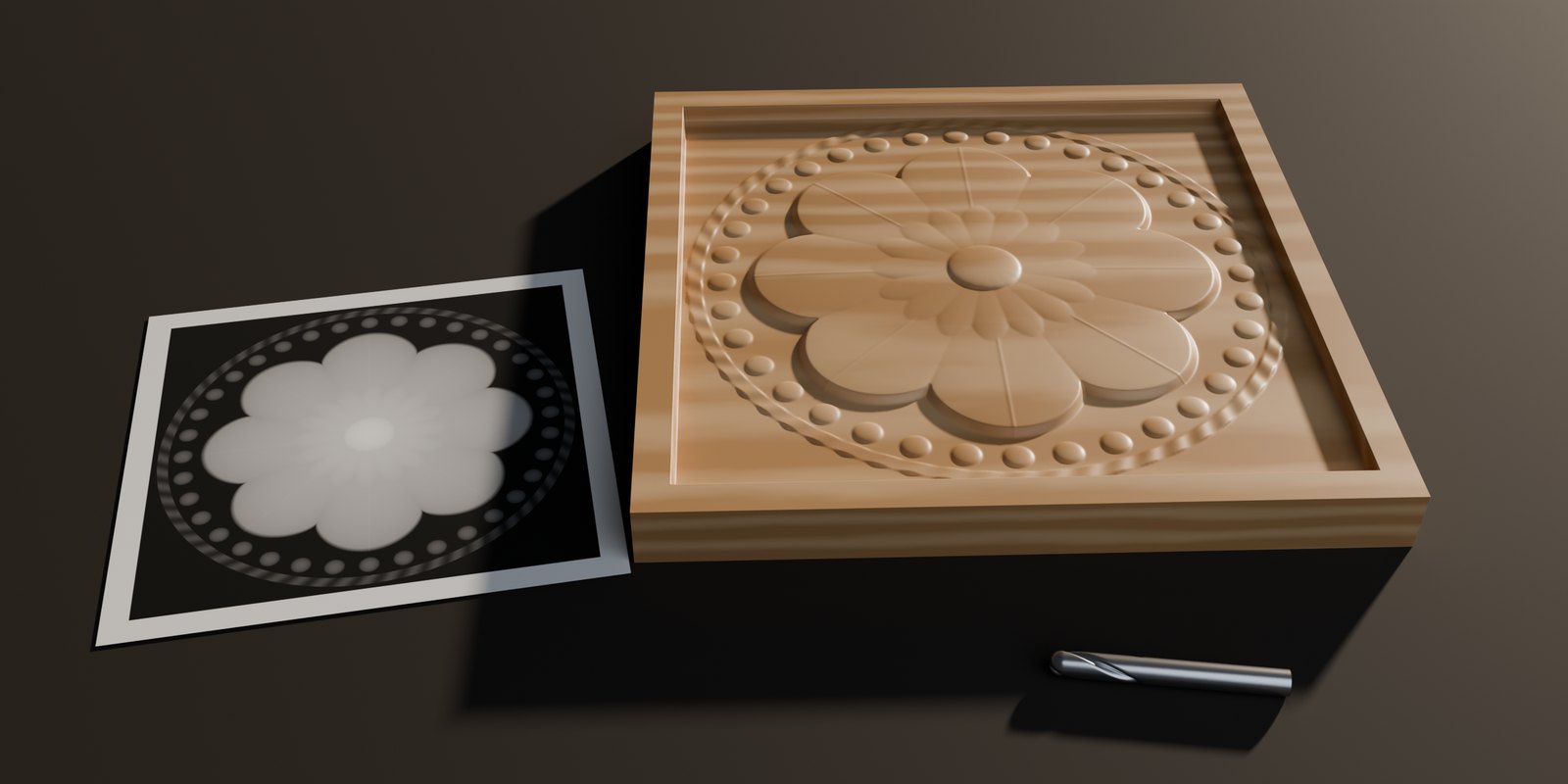 A grayscale rosette height map next to the same rosette carved in an oak board, with a ball-nose router bit