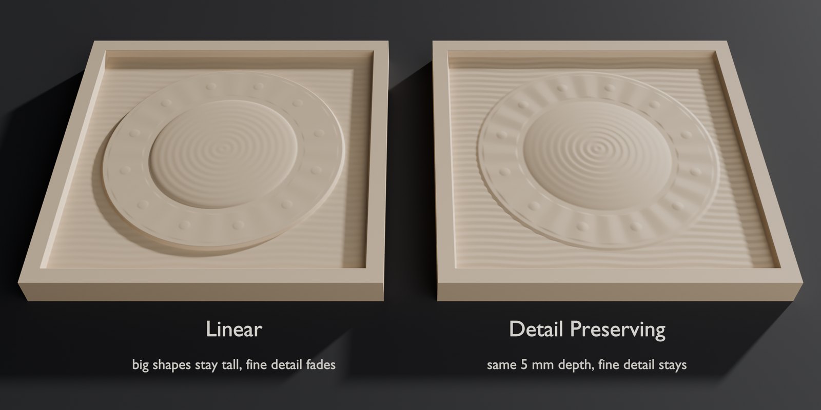 The same deep medallion pressed into 5 mm with Linear and with Detail Preserving compression