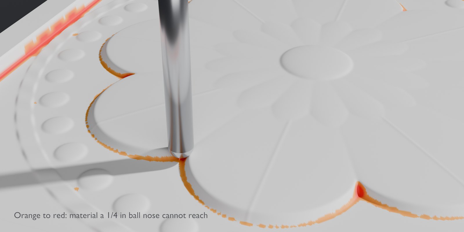 Tool check colours on a carved relief: orange to red where a 1/4 inch ball nose cannot reach