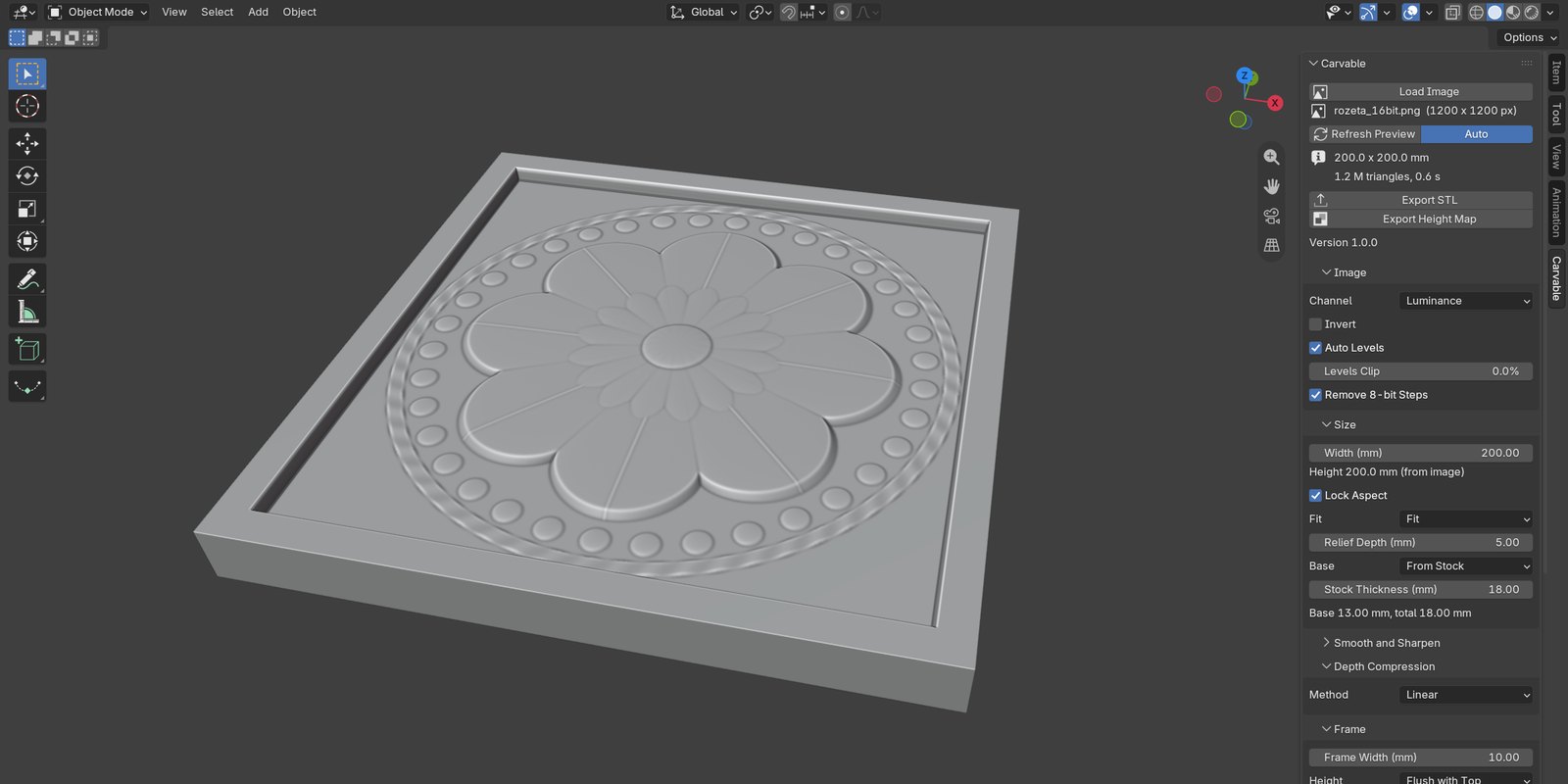 The Carvable panel in Blender's sidebar next to a relief preview