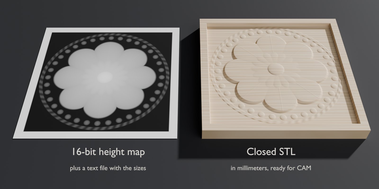A 16-bit height map card next to the closed STL plate